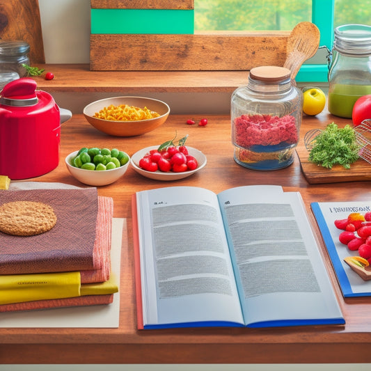 A tidy kitchen counter with a wooden recipe box, a few neatly labeled binder tabs, and a single, open cookbook with a colorful recipe photo, surrounded by a few scattered kitchen utensils.