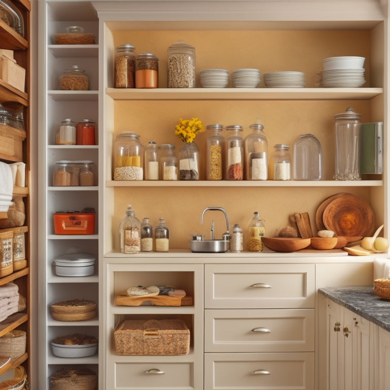 A tidy kitchen cabinet with open doors, revealing a clutter-free interior, with neatly arranged spices, cookbooks, and utensils on adjustable shelves and baskets, against a soft, creamy background.