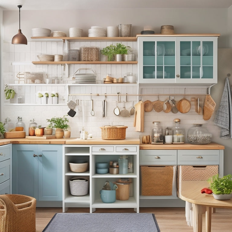 A tidy, L-shaped kitchen with light gray cabinets, white countertops, and a small, round wooden table. Shelves, hooks, and a pegboard maximize storage, with baskets, jars, and utensils neatly organized.