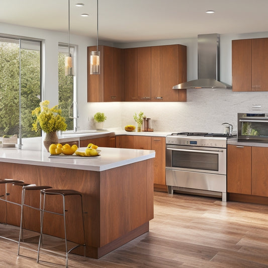 A bright, modern kitchen with sleek, high-gloss cabinets in a warm, honey-brown wood tone, paired with quartz countertops, stainless steel appliances, and a large, stone-tiled island with a waterfall edge.