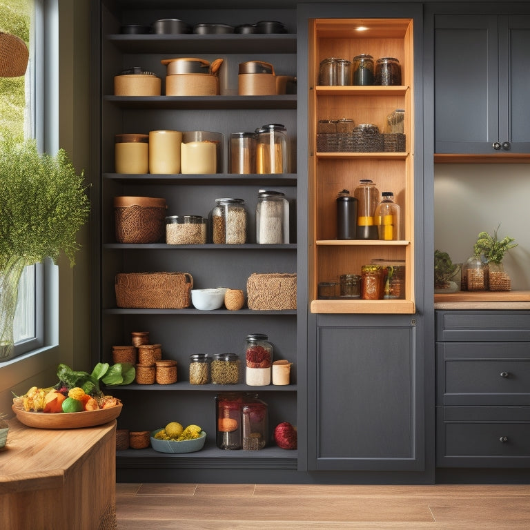 A sleek, modern kitchen featuring stylish sliding pantry doors, adorned with textured wood and matte black hardware, showcasing organized shelves filled with elegant jars, spices, and vibrant produce, bathed in warm, natural light.