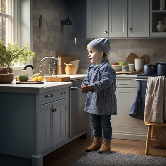 A warm and inviting kitchen scene with a child, aged 4-6, standing on a sturdy step-stool, safely reaching for a kid-friendly cooking utensil, surrounded by soft, rounded countertops and a secure, latched cabinet.