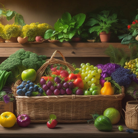 A vibrant illustration of a lush garden with a variety of colorful fruits and vegetables, surrounded by baskets, crates, and jars, with a subtle background of a rustic wooden table or shelves.