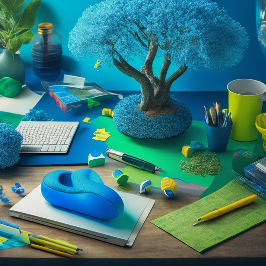 A vibrant, colorful mind map radiates from a central point, with curved branches and bubbles in shades of blue, green, and yellow, surrounded by scattered papers, pens, and a laptop in a cluttered desk scene.