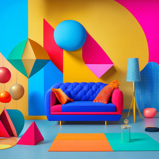 A colorful, abstract composition featuring a mix of geometric shapes, furniture silhouettes, and ornate patterns, with scattered discount tags and percentage signs in a modern, stylized aesthetic.