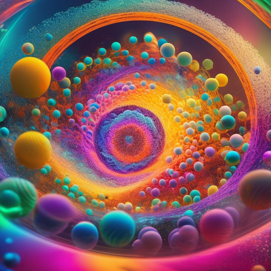 A vibrant, swirling vortex of colorful lines and shapes, radiating from a central hub, with bursting bubbles and curved arrows, surrounded by faint, glowing brain silhouettes.