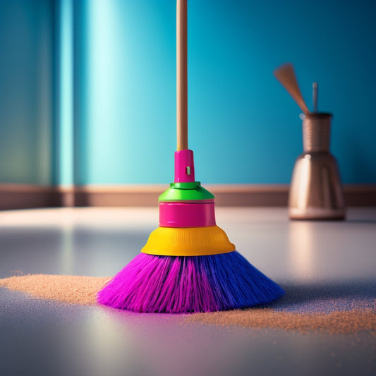 A bright, colorful illustration of a smiling sweeper broom with a funnel attached to its handle, surrounded by dust bunnies and debris, on a clean, shiny floor with a subtle gradient background.