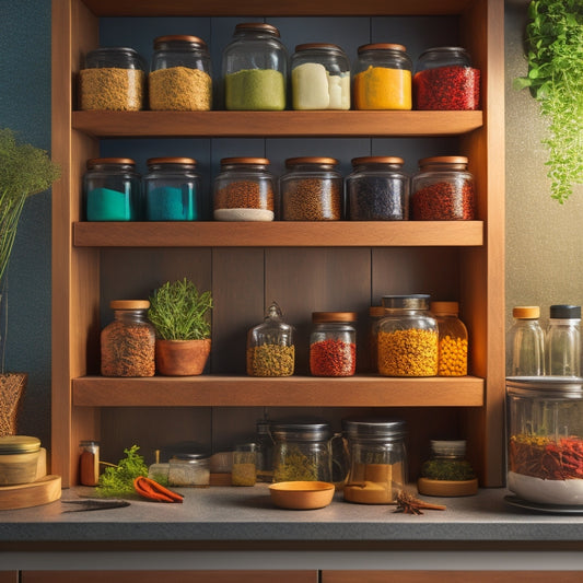 A sleek kitchen with a warm, wooden under-cabinet shelf displaying neatly organized spice jars in various shapes and sizes, surrounded by vibrant herbs and colorful labels, illuminated by soft, ambient lighting.