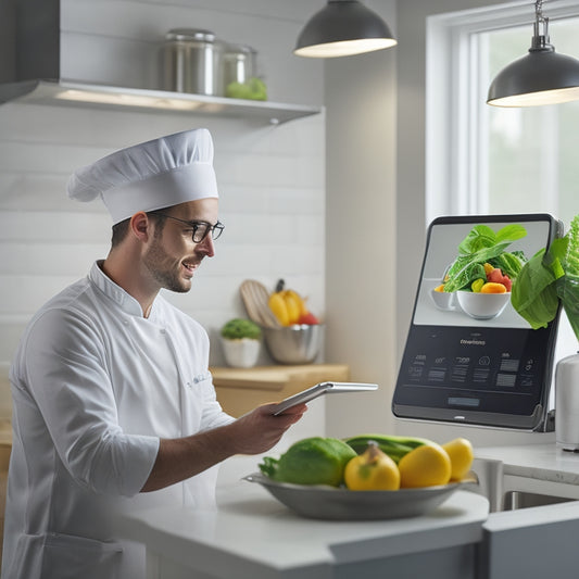 A clean and modern kitchen with stainless steel appliances, a chef in a white coat and hat, holding a tablet with a checklist on the screen, surrounded by fresh fruits and vegetables.