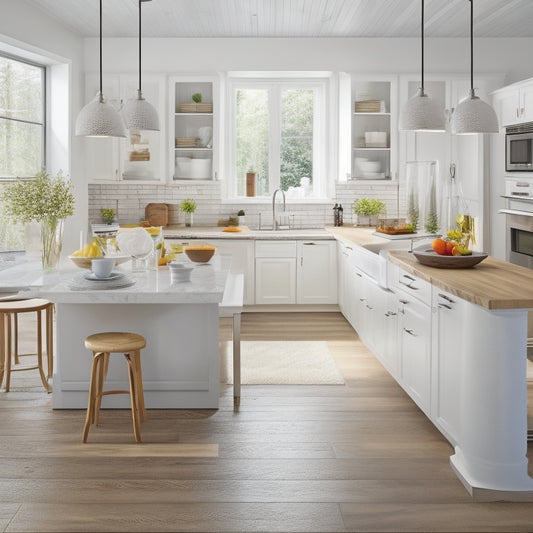 A bright, modern kitchen with sleek white cabinets, warm wooden floors, and a large island in the center, surrounded by laptops and tablets displaying various kitchen design software interfaces.