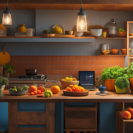 A warm, organized, and well-lit kitchen with a wooden countertop, a few open kitchen cabinets, and a laptop with a bright screen displaying a PDF document, surrounded by neatly arranged kitchen utensils and a few fresh fruits.