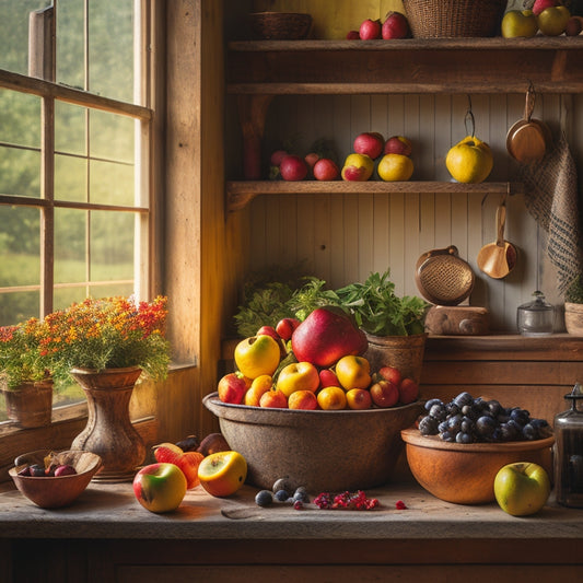 A rustic kitchen scene featuring a wooden tiered rack overflowing with colorful fruits—apples, bananas, oranges, and berries—set against a sunlit window with potted herbs and vintage kitchenware in the background.