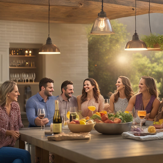 A warm and inviting kitchen scene with a large island, pendant lights, and a built-in wine cooler, surrounded by a group of laughing friends and family, with a blurred background of a lush outdoor patio.