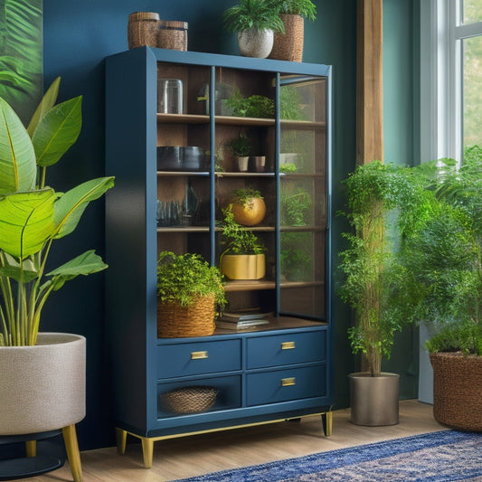A stylish corner cabinet with sleek lines, featuring open shelves displaying vibrant plants and decorative items, nestled in a cozy living room with warm lighting and a soft rug, maximizing space and functionality.