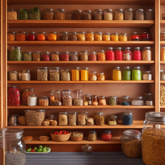 A well-organized pantry featuring tiered racks filled with colorful jars, spices, and canned goods. Soft lighting highlights the neat arrangement, with a wooden shelf backdrop and a few fresh herbs in the corner.