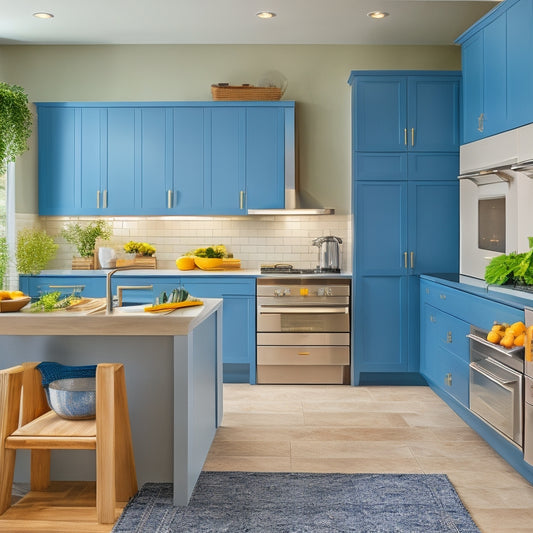 A bright, modern kitchen featuring sleek modular cabinetry, contrasting colors, spacious countertops, and organized storage solutions. Include stylish appliances, decorative plants, and an inviting layout that encourages cooking and socializing.
