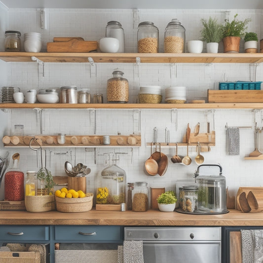 A clutter-free kitchen with open shelves, a pegboard with hanging utensils, a repurposed crate turned into a storage unit, and a few mason jars with lids and kitchen items inside.