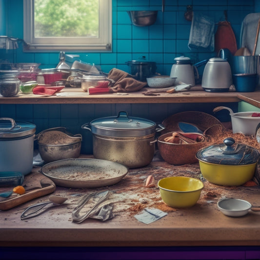 A chaotic kitchen drawer overflowing with tangled utensils, crumpled papers, and broken appliances, with a few pots and pans stacked haphazardly on top, surrounded by dust and crumbs.