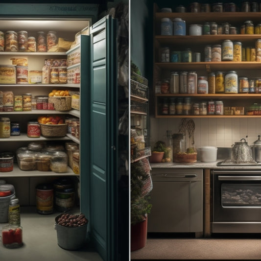 A split-screen image featuring a cluttered, dimly lit pantry with expired cans and moldy leftovers on one side, and a clean, organized pantry with labeled containers and a temperature-controlled refrigerator on the other.