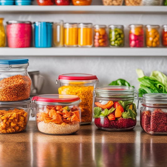A colorful, organized kitchen counter with 5-6 glass containers, each filled with a different healthy meal prep option, such as quinoa salads, grilled chicken, and roasted vegetables.