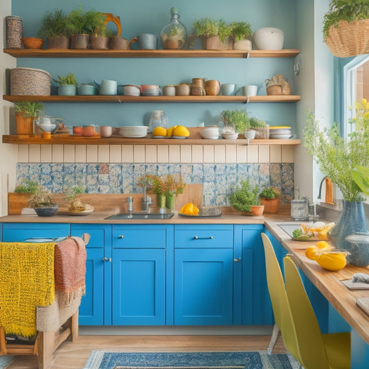 A cozy small kitchen featuring a stylish corner cabinet with open shelves, neatly organized dishes, vibrant plants, and warm lighting, surrounded by colorful kitchenware, creating an inviting and efficient storage solution.