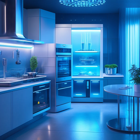 A futuristic kitchen with sleek, silver appliances and a large, transparent touchscreen displaying a 3D model of a meal, surrounded by robotic arms and utensils, with a subtle, neon-lit background.