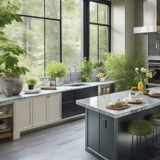 A sleek, modern kitchen with large windows, marble countertops, and a stainless steel island, surrounded by lush greenery, with a few cookbooks and a vase with fresh flowers on the counter.