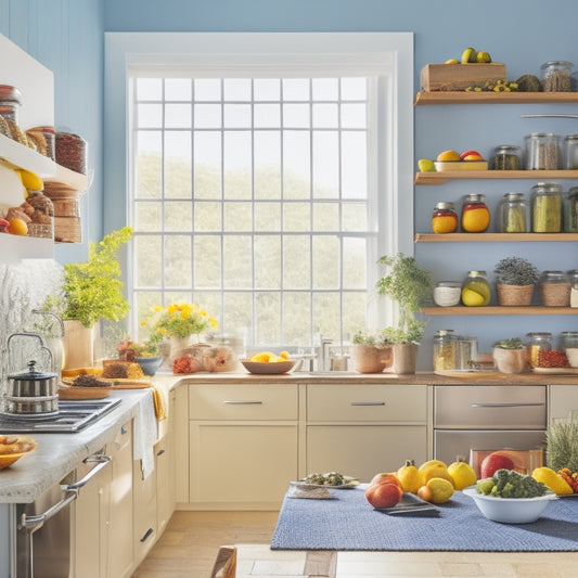 A bright, modern kitchen showcasing tiered racks filled with colorful spices, vibrant fruits, and neatly arranged kitchenware. Sunlight streams through a window, illuminating the organized, efficient use of vertical space.