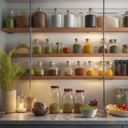 A cozy kitchen scene featuring sleek under-cabinet lighting illuminating organized shelves, showcasing neatly arranged glass jars, colorful spices, and fresh herbs, with warm light casting gentle shadows on polished countertops and modern cabinetry.