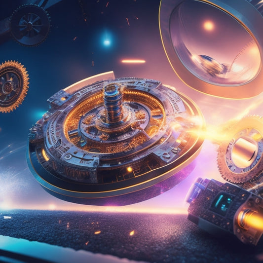 A futuristic, high-tech background with interconnected gears, circuits, and wires, featuring a 3D product catalog with flipping pages and hovering product models in mid-air, surrounded by orbiting gears and sparks.
