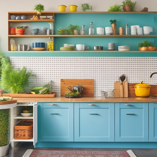 A bright, modern kitchen with a sleek island, organized utensils on a pegboard, a spice rack on a cabinet door, and a tidy countertop with a few strategically placed appliances and a small herb garden.