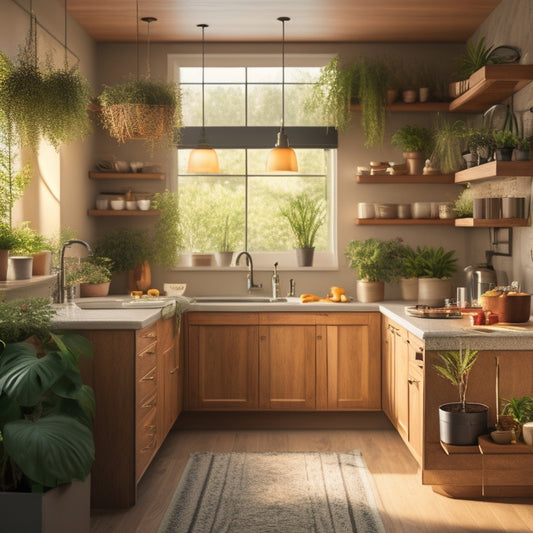 A cozy kitchen featuring a sleek, multifunctional island with hidden drawers, pull-out shelves, and hanging pots. Warm wooden tones, vibrant plants, and soft lighting create an inviting atmosphere.