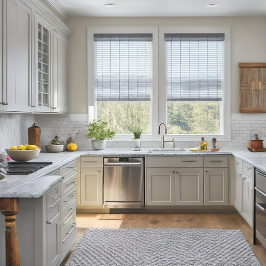 A bright, modern kitchen with sleek white cabinets, dark hardwood floors, and a large island, featuring a variety of stylish blinds in different patterns, textures, and colors.