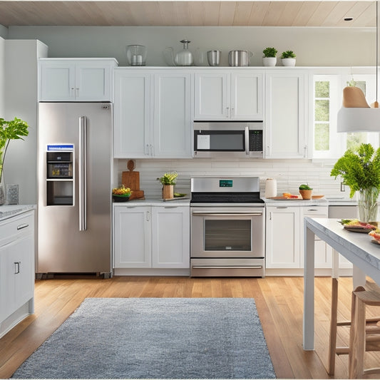 A bright, modern kitchen with sleek white cabinets, a large island, and a stainless steel refrigerator, featuring a laptop open to a design software website on the countertop.