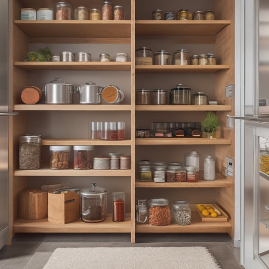 A close-up view of a sleek kitchen with wooden sliding pantry drawers partially opened, showcasing organized spices and cans, accompanied by tools like a screwdriver and measuring tape, against a bright and airy backdrop.