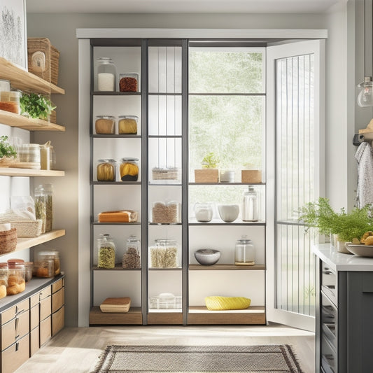 A sleek, modern freestanding pantry unit in a bright, airy kitchen. Sunlight streams through a window, illuminating organized shelves filled with jars, spices, and fresh produce, creating a clutter-free, inviting atmosphere.