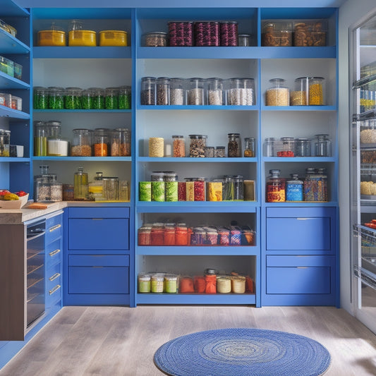 A modern kitchen with sleek, custom sliding pantry drawers filled with colorful spices, jars, and canned goods; soft ambient lighting highlights the organized shelves, emphasizing efficient use of space and accessibility.