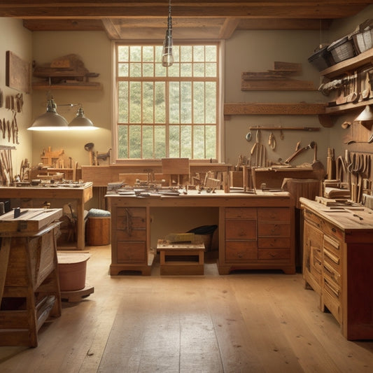 A well-organized workshop with a large, wooden workbench in the center, surrounded by various woodworking tools and materials, featuring a partially built cabinet with sturdy legs and a smooth, sanded surface.