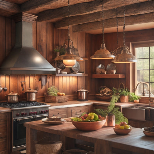 A rustic kitchen with a sturdy wrought iron ceiling pot rack, showcasing an array of gleaming copper and stainless steel pots, surrounded by warm wooden cabinets and soft, ambient lighting streaming from a vintage pendant lamp.