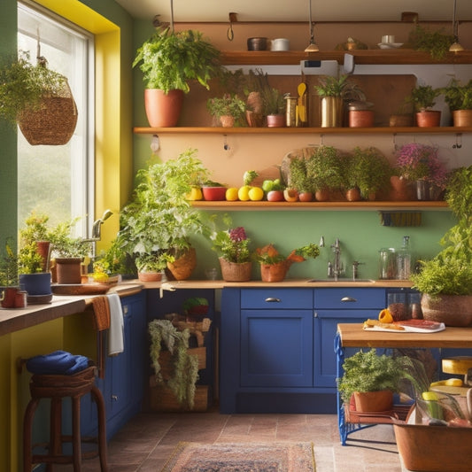 A cozy, cramped kitchen featuring clever storage solutions: stacked spice racks, magnetic knife strips, pull-out shelves, hanging pots, and colorful containers, all harmoniously arranged with warm lighting and vibrant plants for a lively atmosphere.