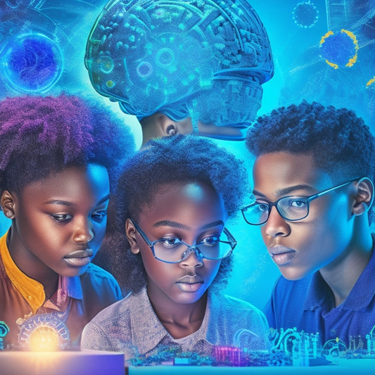 A vibrant illustration featuring a diverse group of students of various ages and abilities surrounding a glowing, 3D brain, with gears, circuits, and codes swirling around it, set against a bright blue background.