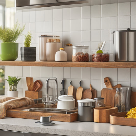 A stylish kitchen countertop featuring neatly organized storage solutions, including a tiered spice rack, a sleek dish drying rack, and elegant containers for utensils, all surrounding a modern sink with natural lighting.