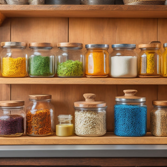 A vibrant, neatly arranged spice organizer showcasing clear glass jars with colorful spices, wooden dividers, and labels, set against a rustic kitchen backdrop with herbs and utensils, illuminated by soft, warm light.