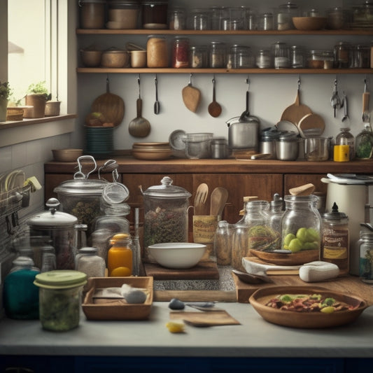 A cluttered kitchen with overflowing cabinets, utensils scattered on countertops, and a messy sink area, contrasted with a tidy, organized kitchen in the background, with labeled jars and a clean sink.