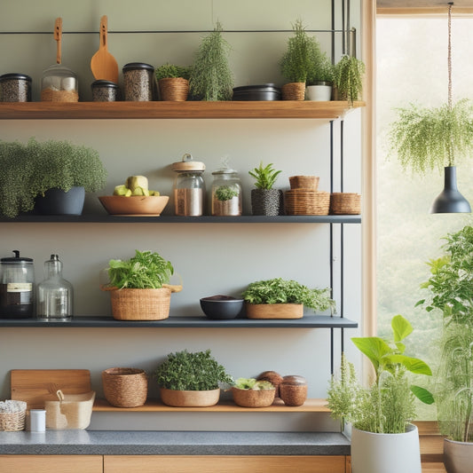 A sleek, modern kitchen featuring innovative wall racks made of bamboo and metal, showcasing hanging pots, spices in glass jars, and utensils neatly organized, with fresh herbs in wall-mounted planters against a bright, airy backdrop.