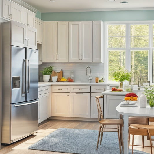 A bright, modern kitchen with a stainless steel refrigerator, white quartz countertops, and a large window letting in natural light, featuring a utensil holder with a few strategically placed essential kitchen tools.