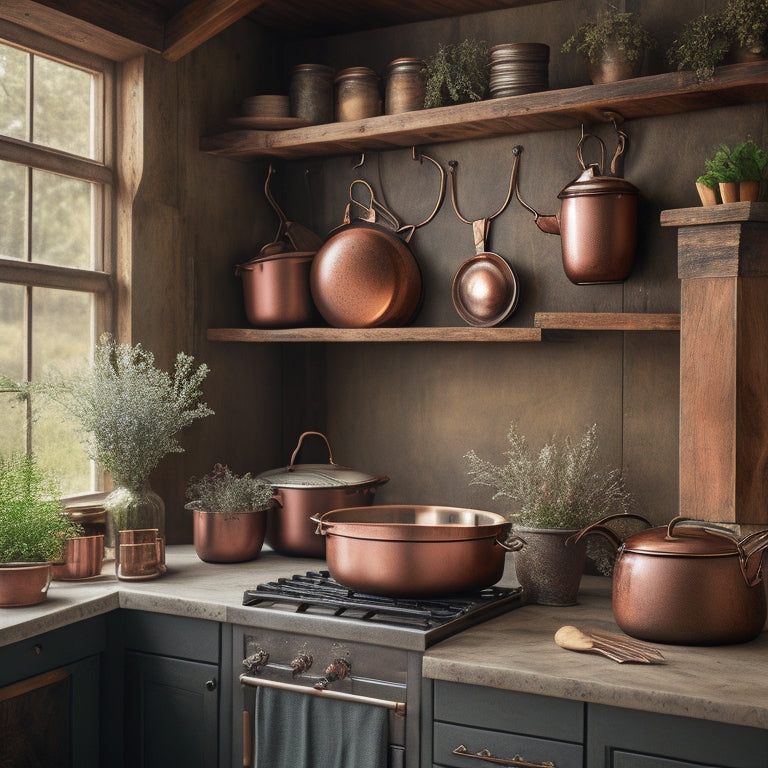 A rustic kitchen featuring a robust metal pot rack, showcasing heavy cast iron skillets and copper pots. Warm wood tones, ample natural light, and hanging herbs create a cozy, organized cooking space.