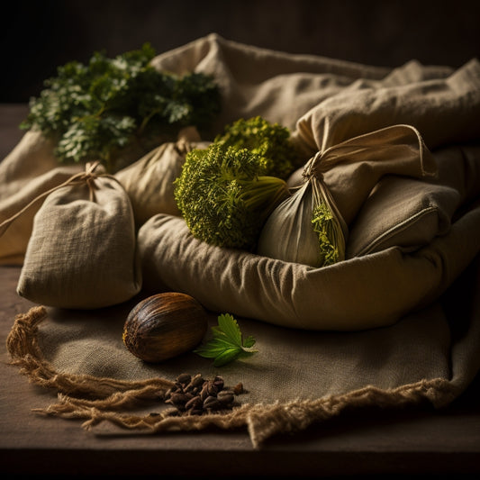 A vibrant, close-up image of a handful of herb bombs, with parsley and garlic leaves bursting out of delicate, hand-tied muslin cloth pouches, set against a warm, earthy brown background.