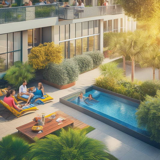 A vibrant illustration of a modern, upscale apartment complex surrounded by lush greenery, with students lounging by a rooftop pool, studying on a balcony, and socializing in a sleek common area.