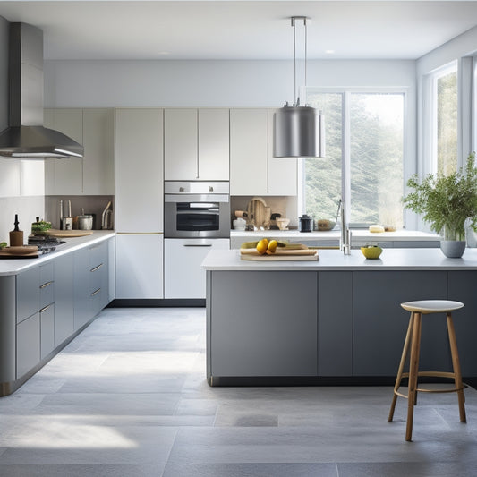 A bright, modern kitchen with a minimalist aesthetic, featuring a central island, sleek countertops, and a few strategically placed utensils and appliances, evoking a sense of calm efficiency.